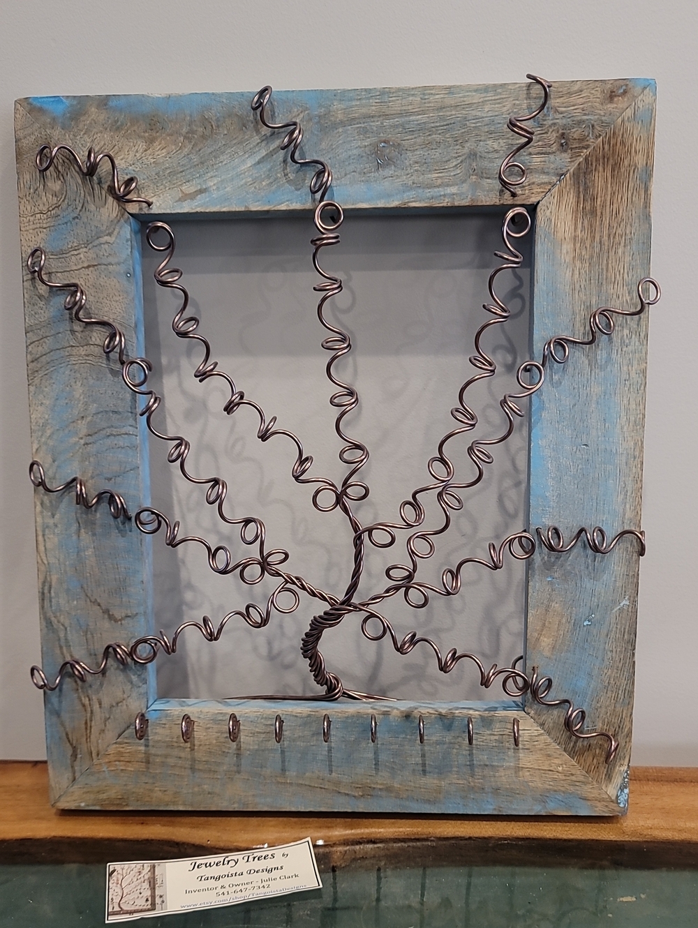 Handmade Copper Wire Jewelry Tree Wall Art in Distressed Blue Frame